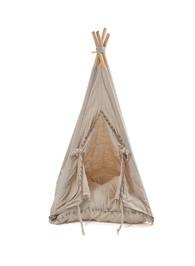 DECOVIA Dog & Cat Teepee Tent with Soft Cushion Bed - Cute Indoor Pet House for Small Dogs & Cats | Durable Wooden Frame & Breathable Cotton Fabric | (Size_28x28x31 Inches) (Beige) - Image 3